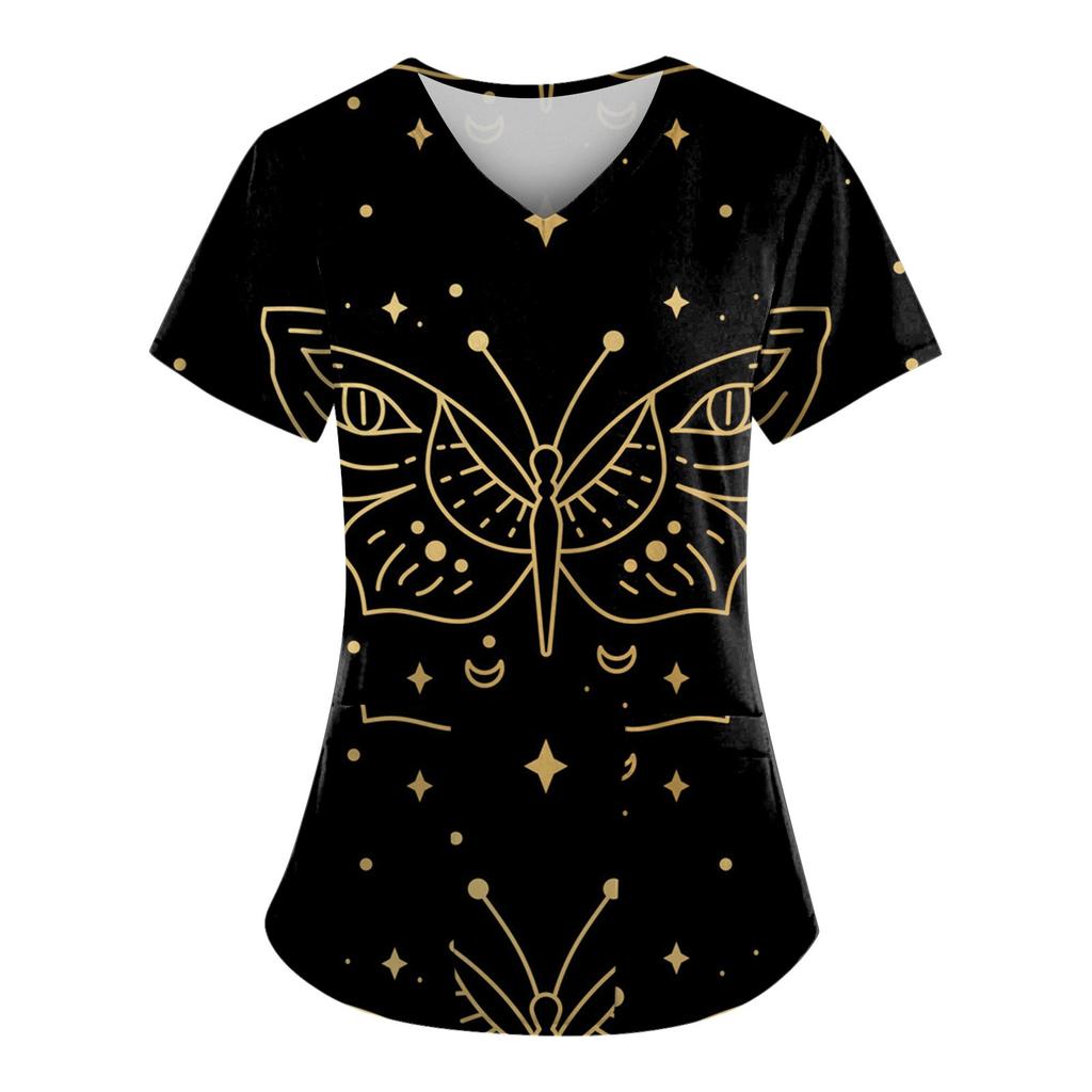 Women Fashion Spring And Summer Oil Painting Print V-neck Short Sleeve Workwear With Pockets Tops