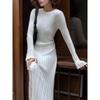 Cross-Border Western Style Spring and Autumn New Round Neck Solid Slim Fit Knitted Sunken Stripe Slimming Long Sleeve Dress Base Skirt Women