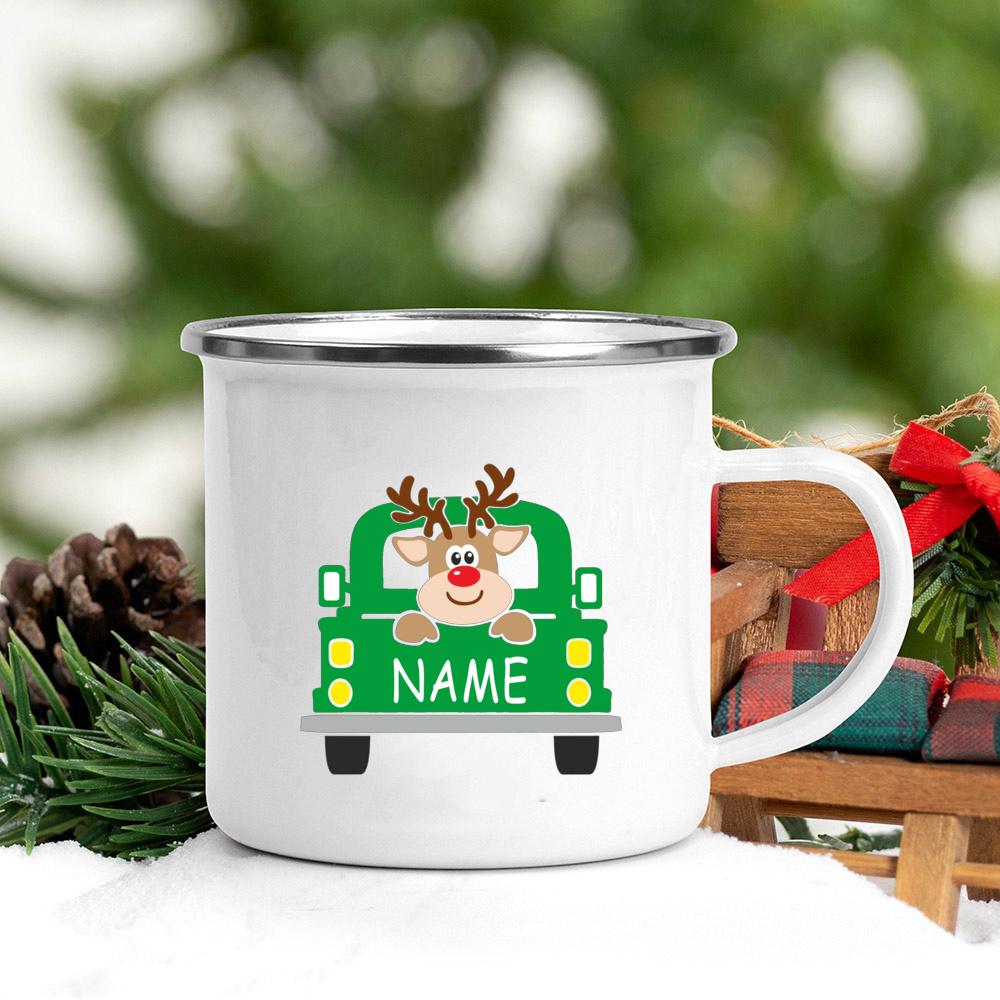 Personalized Mug Custom Deer with Name Cup Christmas Party Drink Hot Cocoa Juice Cups Handle Enamel Mugs Xmas Best Gift for Kids