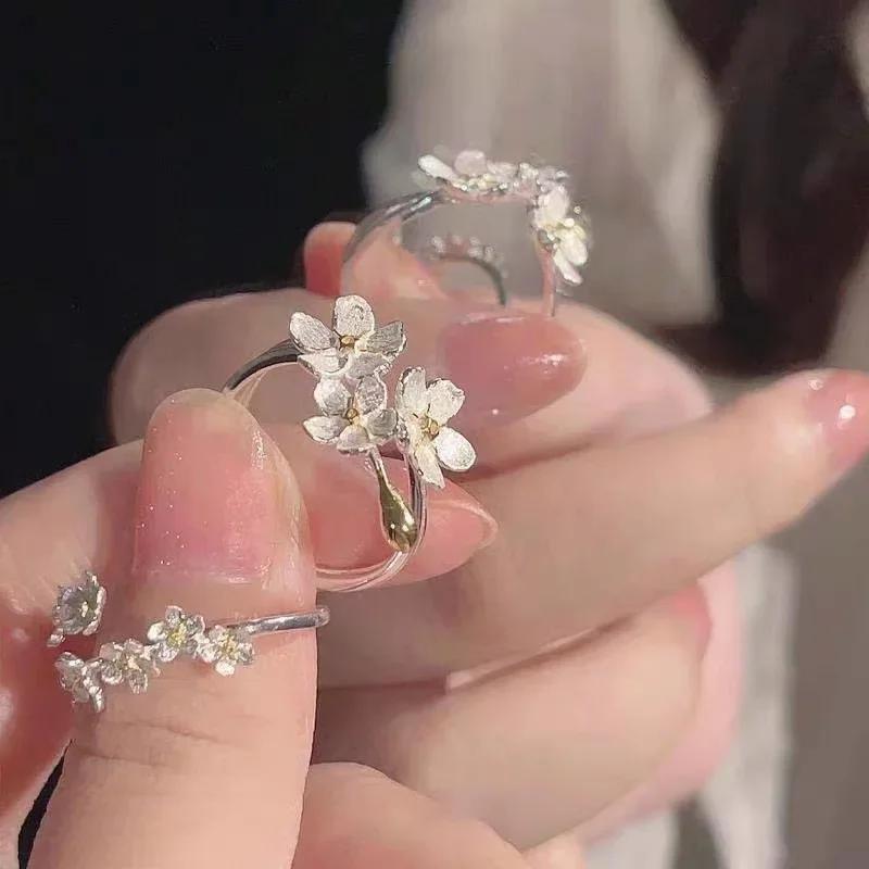 Unique Delicate Flower Opening Adjustable Ring Set for Women Korean Silver Color Minimalist Finger Rings Engagement Jewelry Gift