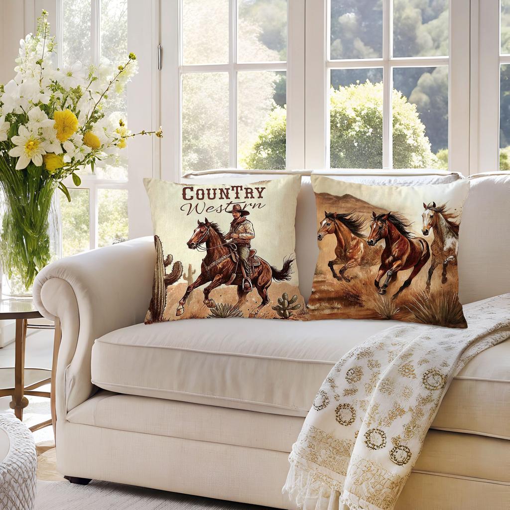Vintage Western Cowboy Pillow Covers Wild West Horse Double-Sided Printed Throw Pillow Cases Farmhouse Home Decor Cushion Covers