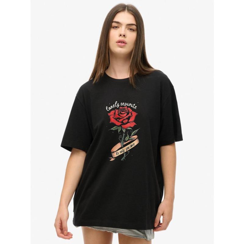 Oversized T Shirt Black Rose And Text Print Casual Streetwear For Women