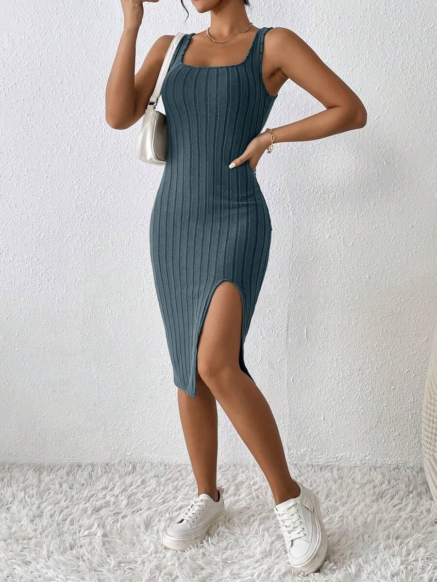 

Waist-Hugging Bodycon Sleeveless Tank Top Dress - European & American Style Spring/Summer Long Dress Small море синього кольору