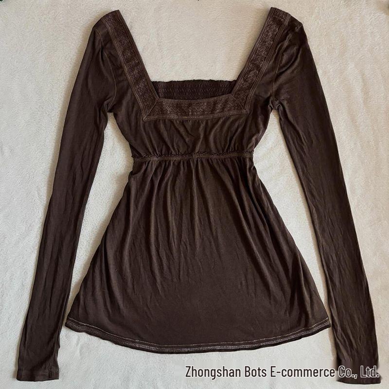 Retro Square Neck Lace Patchwork Slimming Women s Top L коричневый
