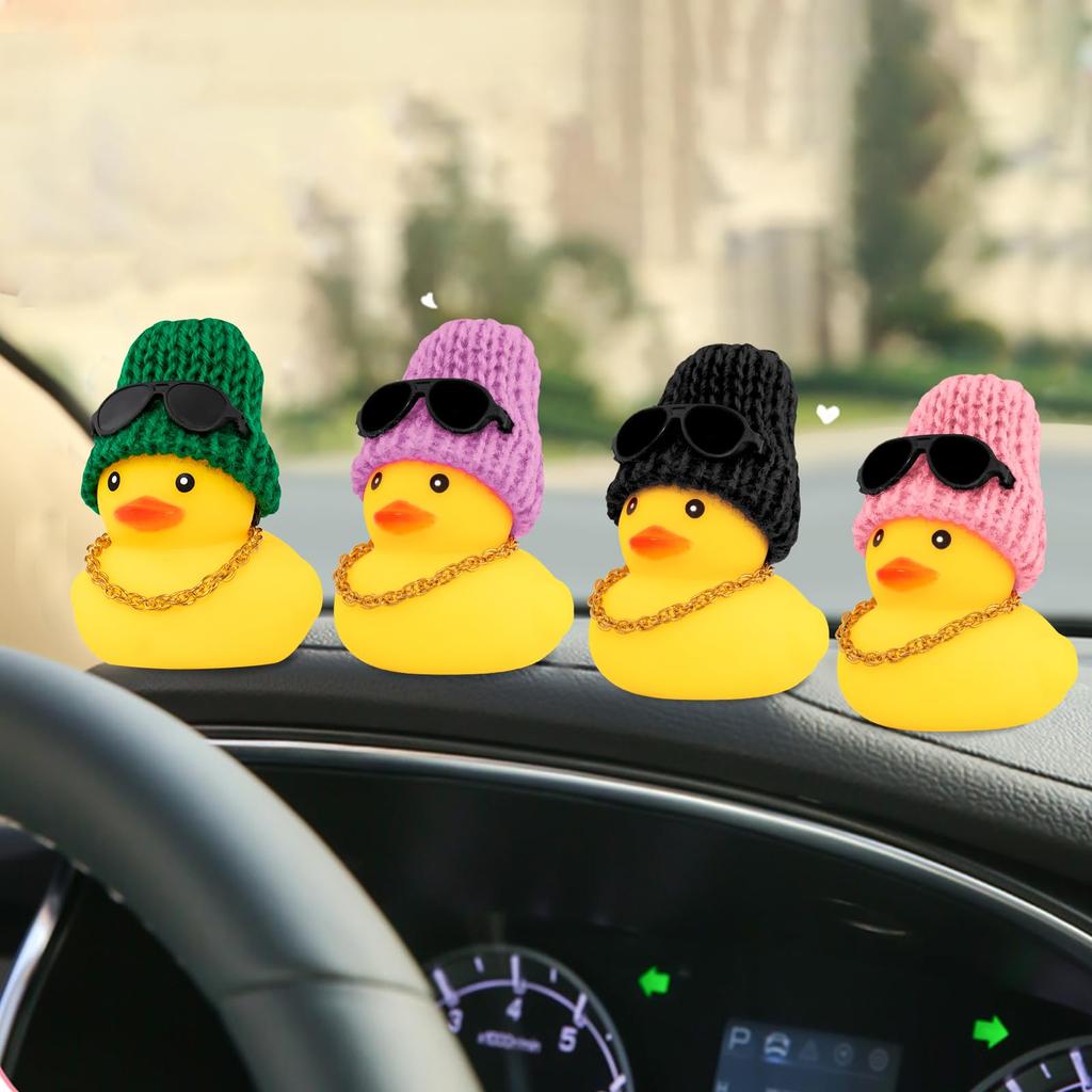 Funny Rubber Duck Car Decor with Fashion Sunglasses, Gold Chain & Hat - Quirky Dashboard Accessory for Car Interior Decoration