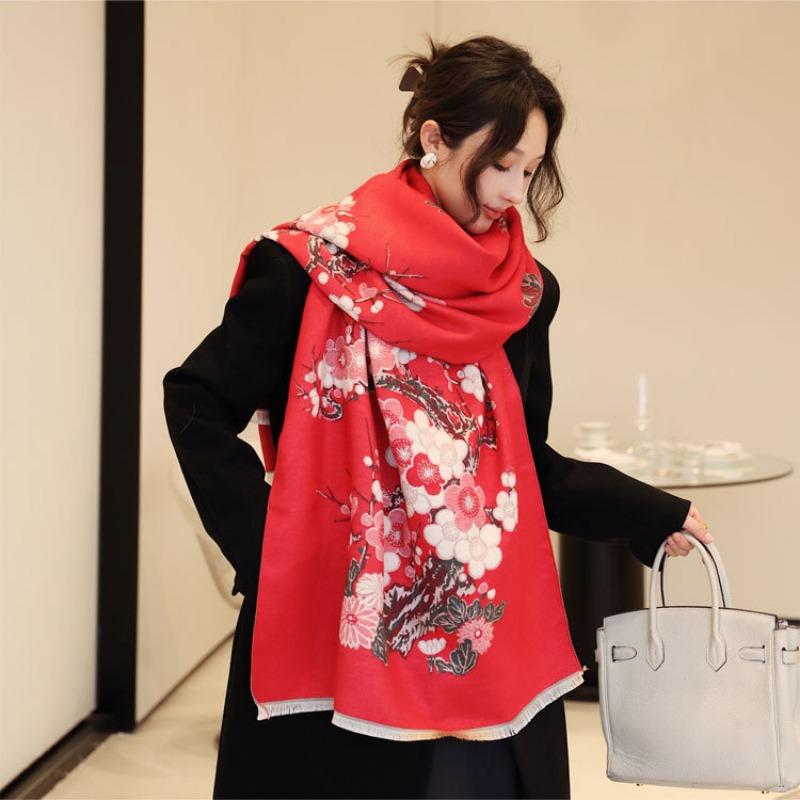 Winter thick shawl with women's plum blossom imitation cashmere double-sided jacquard scarf, fringed thickened warm scarf