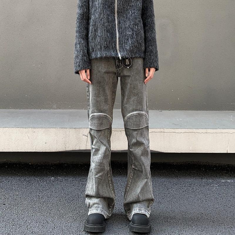 Retro Fashionable Distressed Bootcut Jeans Men's Clothing Wasteland Style Knee Patch Denim Pants High Street Casual Trousers New