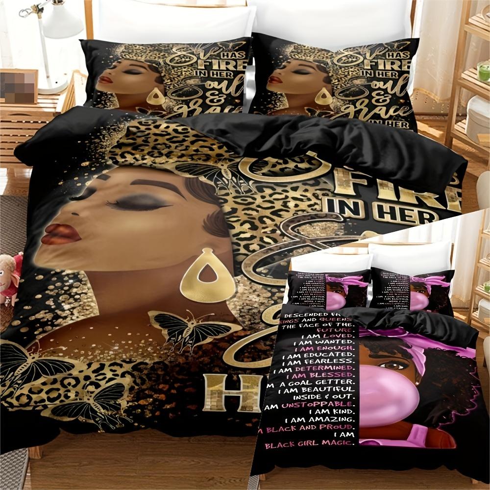 3Pcs Duvet Cover Set (1*Duvet Cover + 2*Pillowcase) Fashion Black Girl Print Bedding Set Soft Comfortable Duvet Cover
