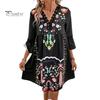 Summer Lady Dress Hollow Out Lace Patchwork Bohemian Three Quarter Sleeves Loose V Neck Printed Pleated Knee Length Vacation Beach Midi Dress