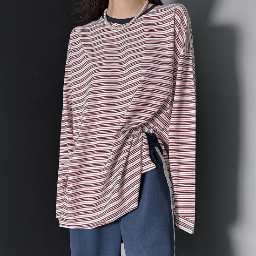 New Arrivals Open Run Women Big Size SliT STripe overSize Ringer T shirT