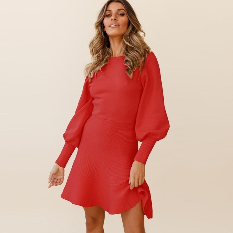 Autumn Winter Solid Color Short Knitted Dress Women Casual O-neck Full Sleeve Slim Sheath High Waist Black Blue Pink Red S-XXL