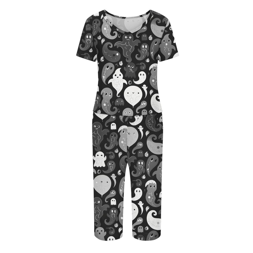 2 Piece Sets For Women Short Sleeve Top And Pants With Pockets Workout Soft Halloween Print Sets