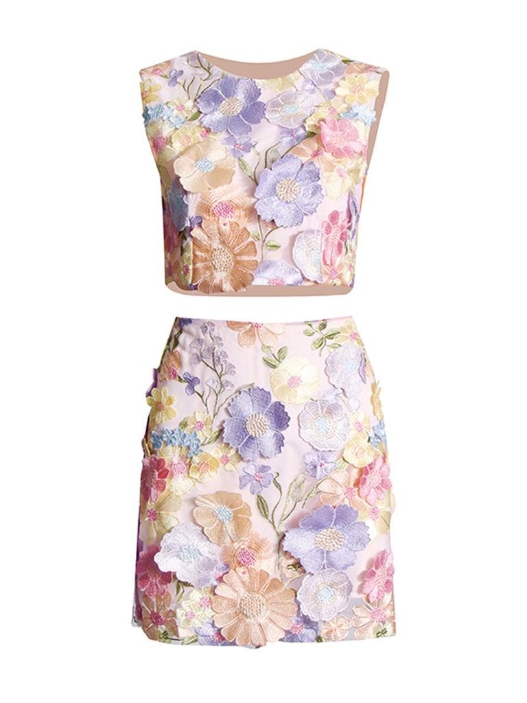 2025 Spring Retro Pastoral Embroidered Floral Sleeveless Top and High-Waist Skirt Set