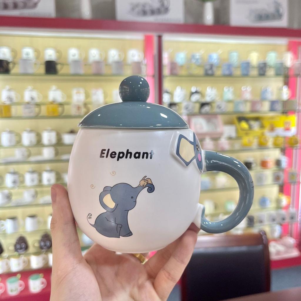 Creative and Cute Elephant Mugs Office Home Ceramic Cups  Covered Spoons  Student Breakfast Milk Cups Coffee Cups