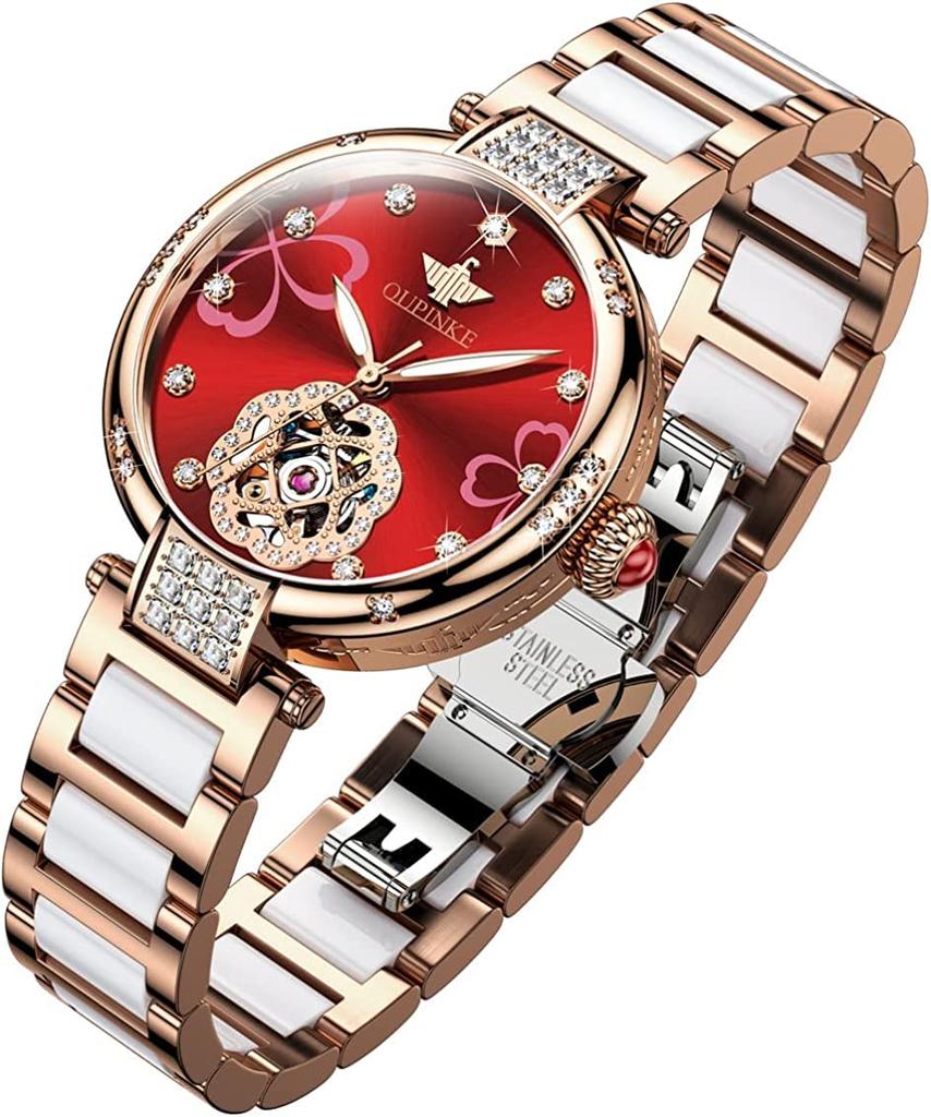 OUPINKE Women's Automatic Mechanical Watch with Japanese Movement, Ceramic Strap, High-Quality Stainless Steel, 5 ATM Water Resistance, Red