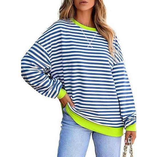 IHUASU Damen Sportlich Lässig O-Ausschnitt Langarm Farbgestreiftes Hoodie Set Tunika T-Shirt