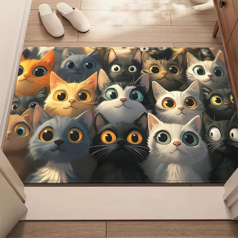 Cute Cat Group Doormat Colorful Cartoon Cat Face Close-up Print Fun Pet Theme Mat for Cat Lover Home Entrance
