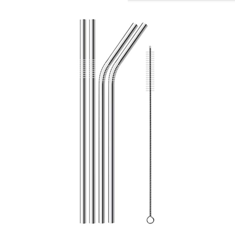 Reusable Stainless Steel Straws Eco Friendly Metal Drinking Straw Set Long Silver Bent Straight Straws Bar Cocktail Accessories
