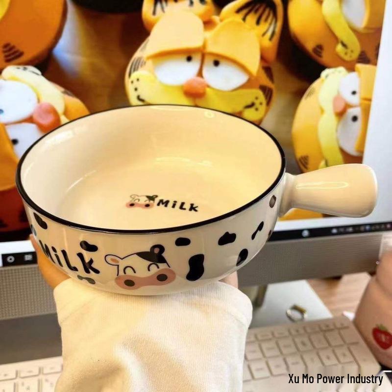 Ceramic Cartoon Cow Baking Bowl & Spoon Set - Cute Household Kitchenware