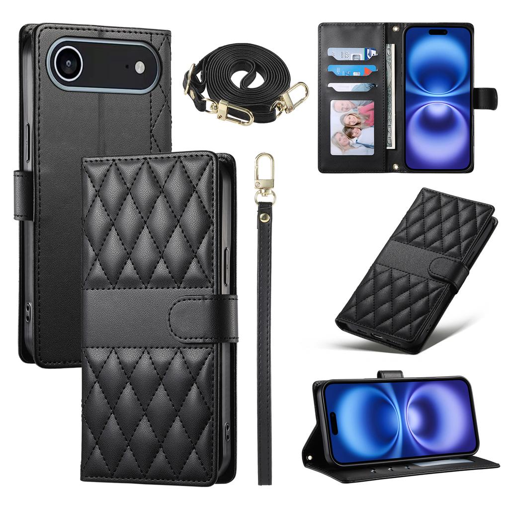 For iPhone 17 Air Case Rhombus Stitching Wallet Stand Leather Phone Cover with Long/Short Strap