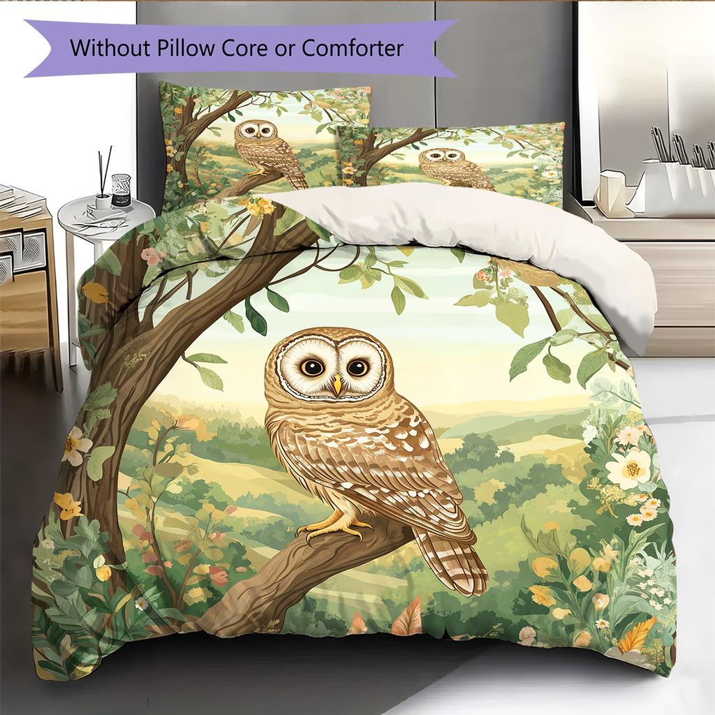 Eule auf Ast Muster Bettwäsche Quilt Set Heimdekoration Geschenk (1 Bettbezug + 2 Kissenbezüge, ohne Füllung)