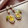 1Pair Elegant Rhinestone Lemon-Shaped Drop Earrings for Women, Gold Tone Yellow Crystal & Green Enamel Leaf Earrings, Cute Fruit Design Statement 