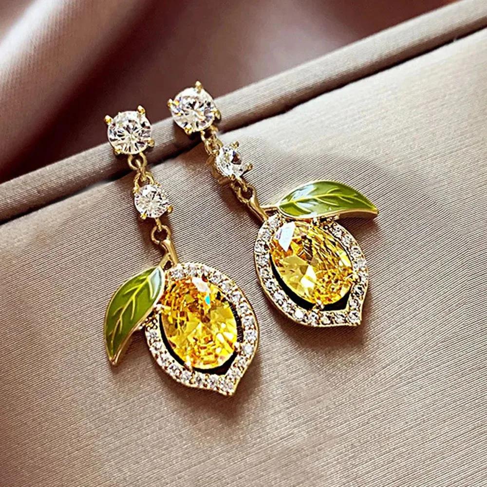 1Pair Elegant Rhinestone Lemon-Shaped Drop Earrings for Women, Gold Tone Yellow Crystal & Green Enamel Leaf Earrings, Cute Fruit Design Statement