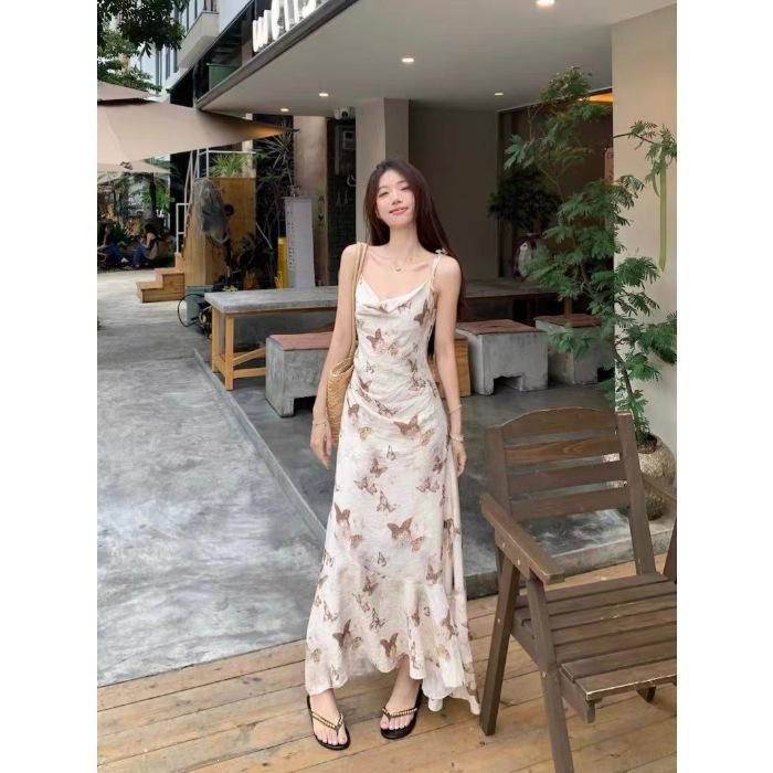 Design Sense Niche Irregular Floral Skirt Spring and Summer New Dress Waist Skirt Temperament Thin Suspender Dress