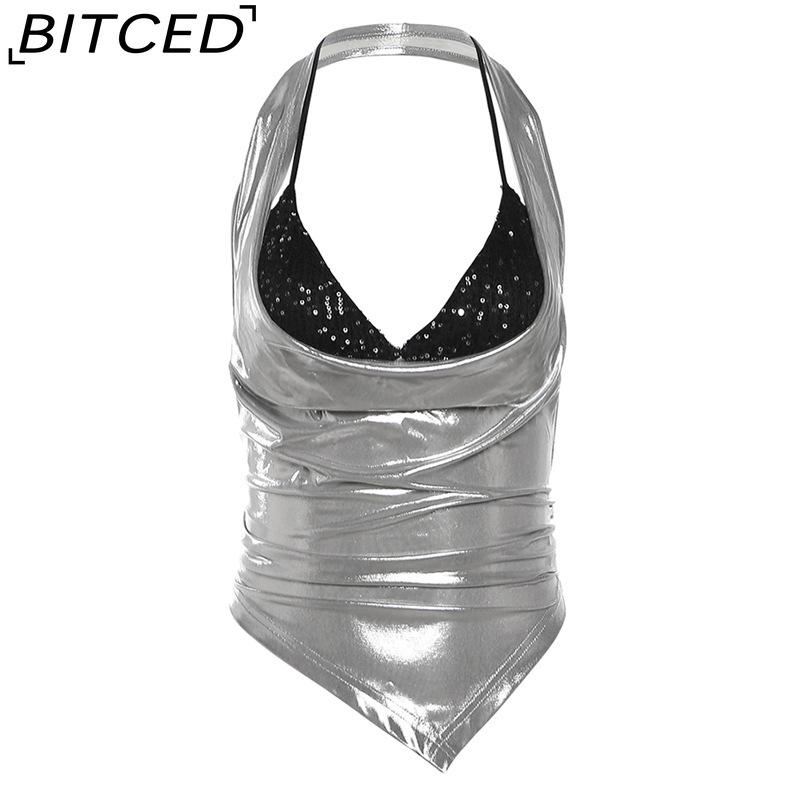 

BITCED Fall/Winter Women s Streetwear Sexy Halter-Neck Backless Crop Top L серебряный