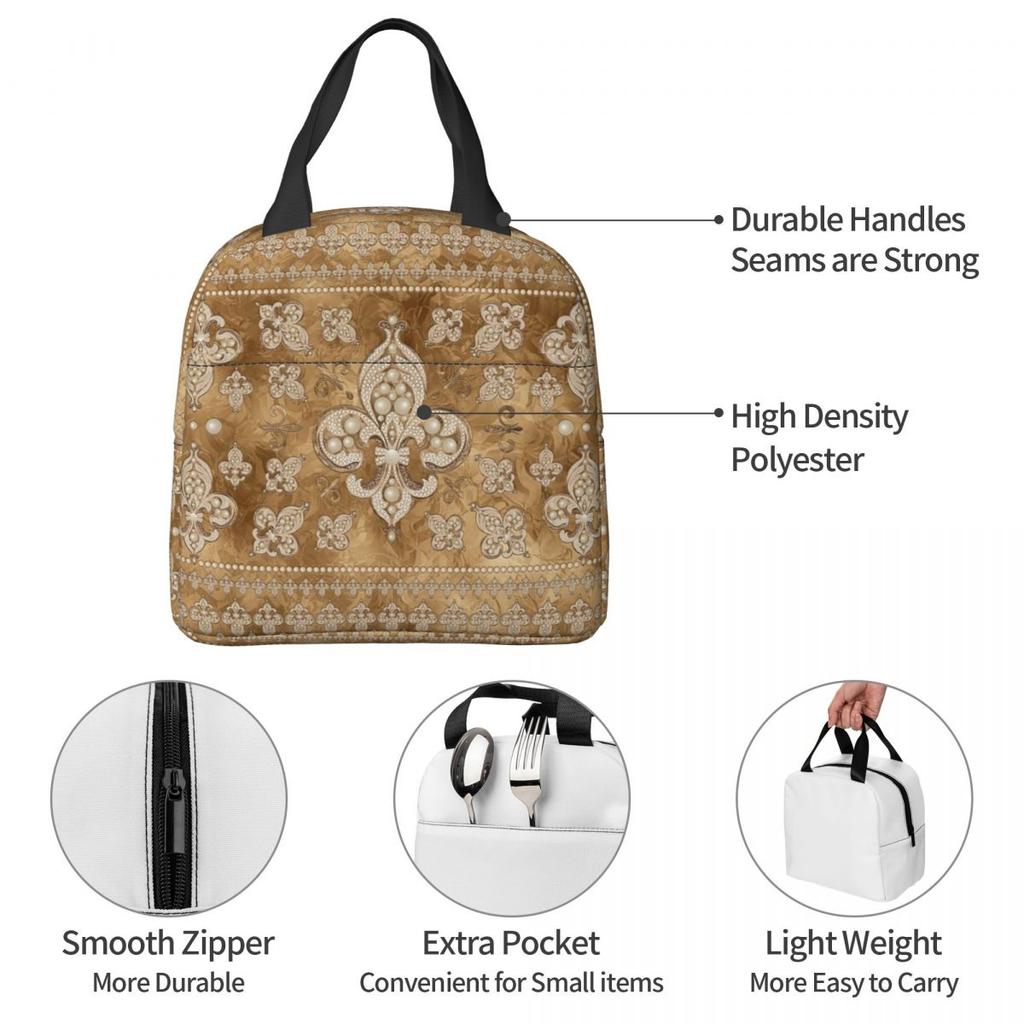 Fleur-de-lis Luxury Pearl And Gold Insulated Lunch Bag for Women Office Cooler Thermal Food Box Tote Lunch Boxes Container