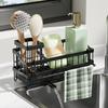 Sink Organizer with Towel Rail Double Compartment Storage Rack Removable Drain Tray Rust-Proof Iron Kitchen Caddy for Sponges Brushes Dishcloths