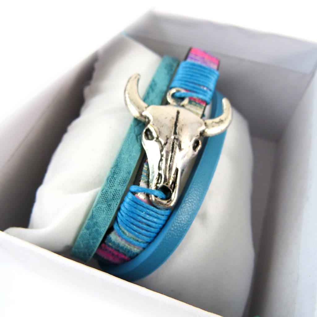 Les Trésors De Lily [P0272] - Vintage Turquoise Blue 'Navajos' Designer Bracelet (bison Skull) - 3 Rows