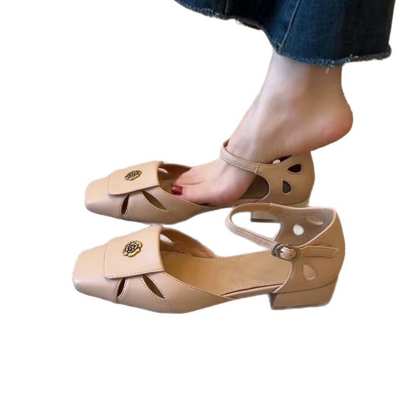 French Toe Sandals Women's Summer Thick Heel High Heels Hollow Mary Jane Single Shoes