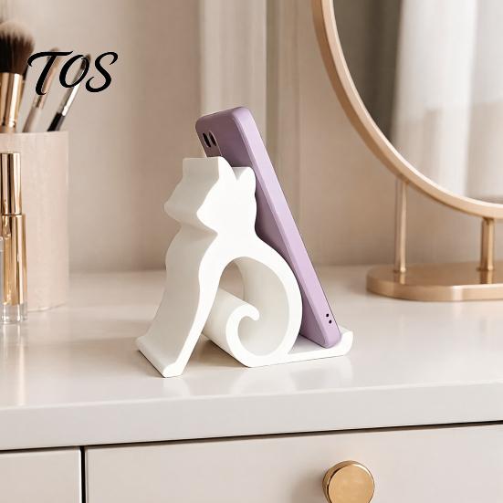 Minimalist Phone Holder Cute Cat Stand, Curled Tail Kitty Desk for Cell Black Dock Tablet, 3D Printed Universal Stand Office Bedroom, Gift Lovers