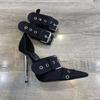 Fashion New Women Denim Metal Rivet Buckle Sandals Women Sexy Punk Style Pointed Hollow Metal 11cm High Heel Knee High Boots Size34-43