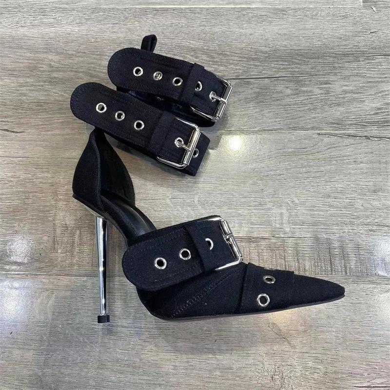Fashion New Women Denim Metal Rivet Buckle Sandals Women Sexy Punk Style Pointed Hollow Metal 11cm High Heel Knee High Boots Size34-43
