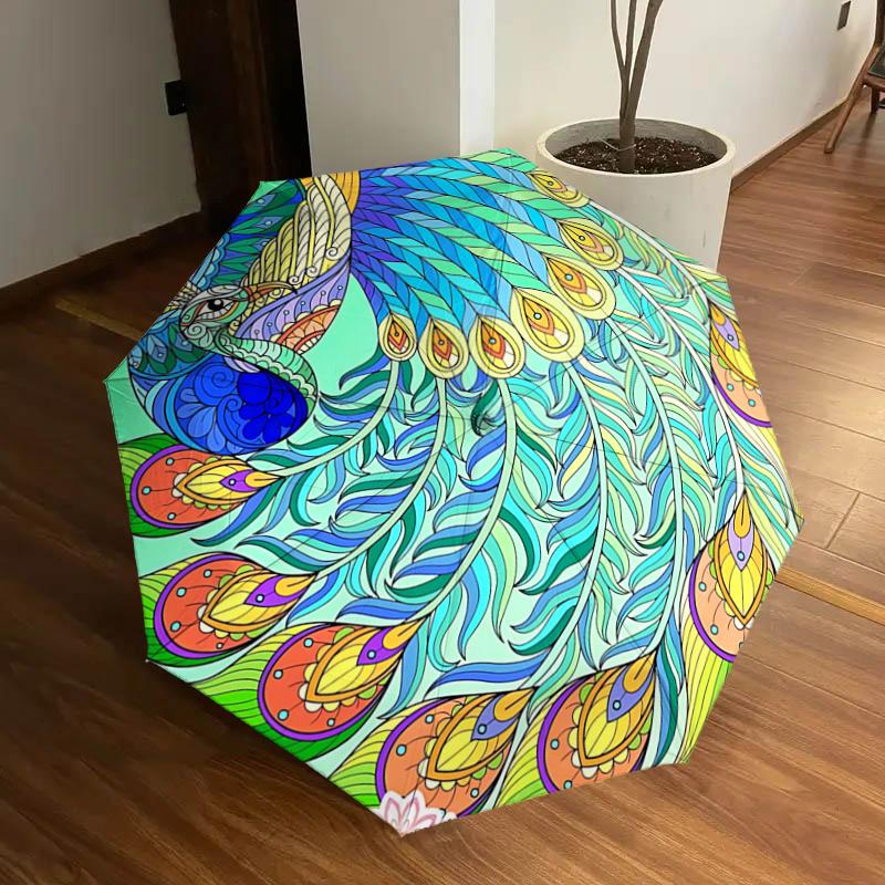 

Colorful Peacock Feather Design Automatic Opening/Closing Umbrella with Foldable Design, , Travelers, Daily Use, Festival Gift1121228a