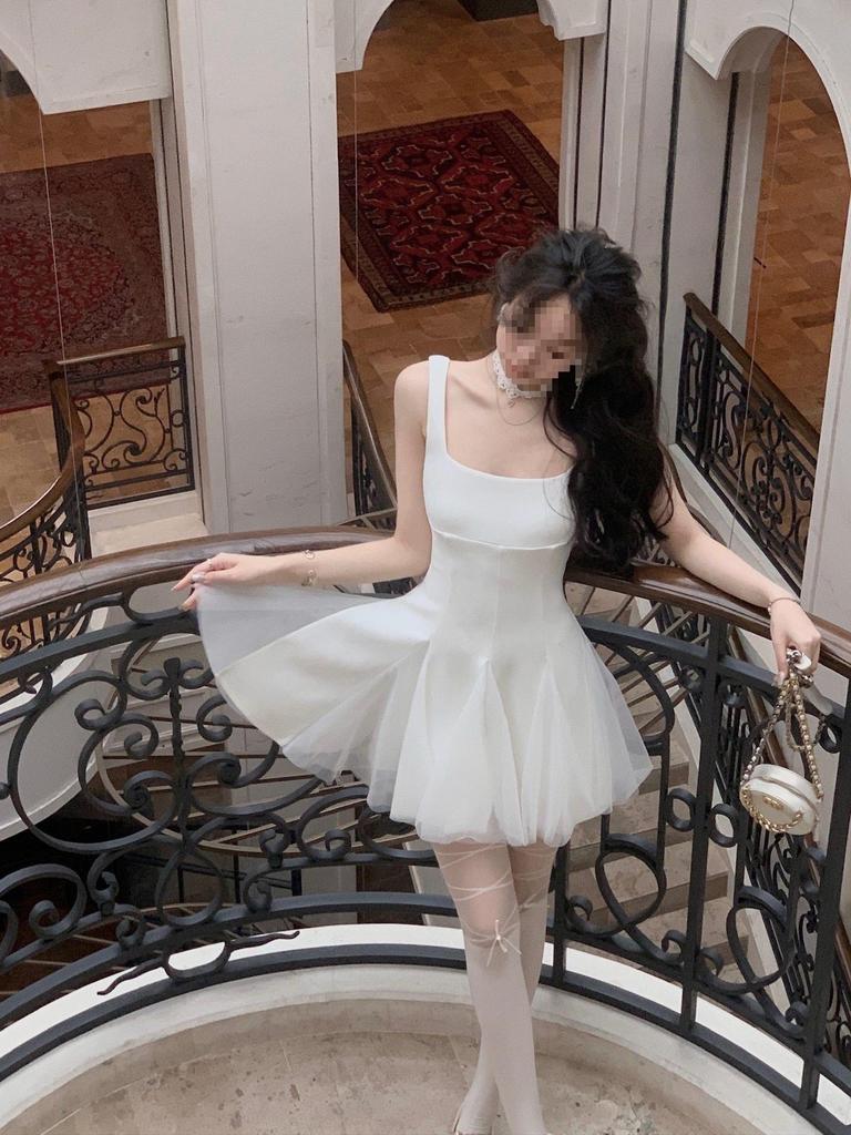 One Moment Waltz White Spaghetti Strap Dress - Women's Mesh Puffy Fairy Long Dress