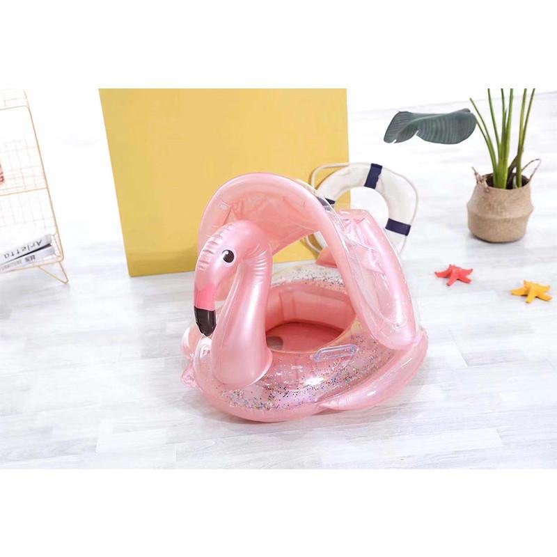 Baby Inflatable Swimming Ring With Sunshade For 1-3 Year Old Boys And Girls Cartoon Pattern Anti-flip Pvc Material Lightweight 580g