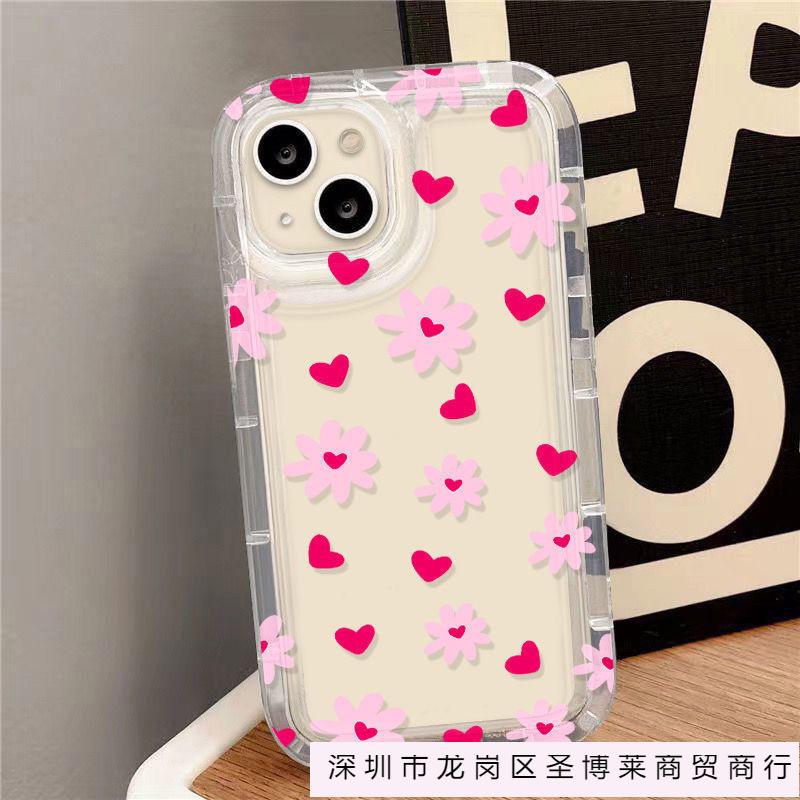 Pink love flower apple 15 mobile phone case iphone14promax transparent soft rubber 13/12/11 anti-drop XR
