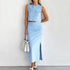 Summer 2026 Street Two Pieces Women Skirts Sets Split Ladies Blue O-neck Sleeveless Ladies Outfits Vest Tops Long Skirt Suit
