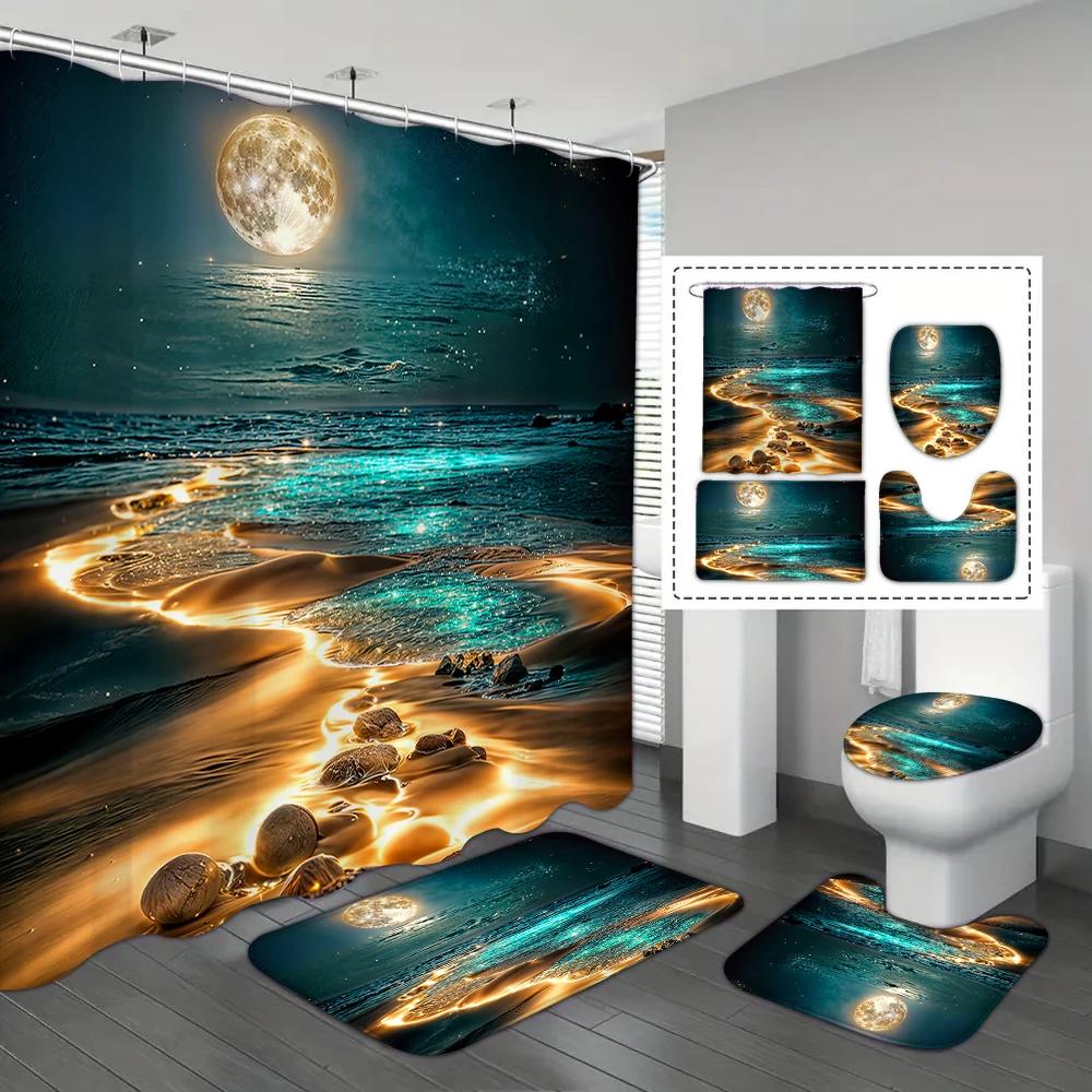 4-Piece Set Of Star River Moon Pattern Waterproof Shower Curtain With 12 Hooks,Printed Curtain, Bathroom Floor Mat