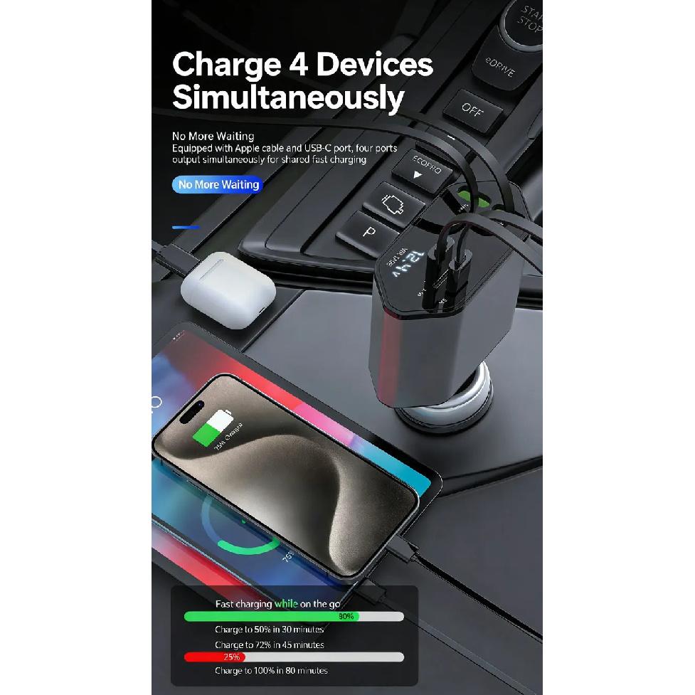 Car Charger USB Type C Adaptor 120W Fast Charge Retractable Charging Cable with Cords QC Adapter Car Charger For Iphone Android