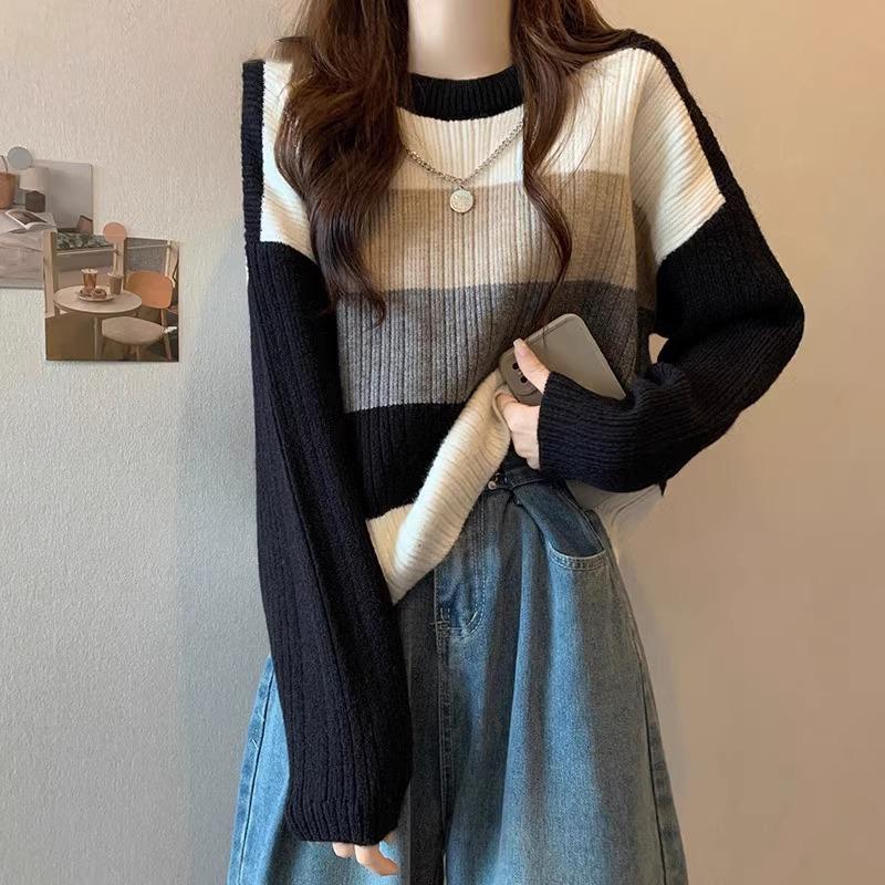 Korean Style Striped Knit Sweater - Women's Loose Fit Round Neck for Spring & Autumn