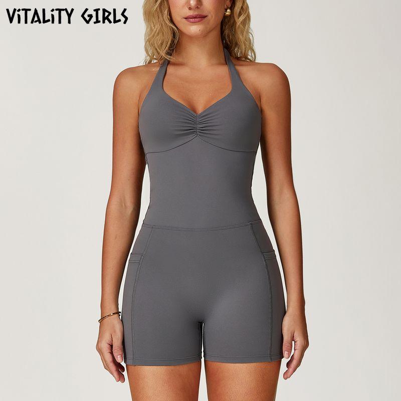

Vitality Girls European and American Hanging Neck Jumpsuit Yoga Clothes With Chest Pad Sexy Beauty Back Sports One-Piece Shorts Volcanic ash L