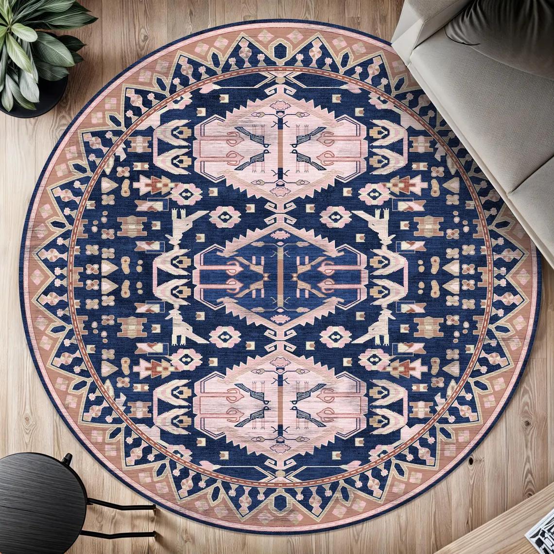 Round Vintage Style Digital Printed Rug, Pink and Brown Bohemian Circular Area Rug, Oriental Geometric Pattern,Round Rug Nature 40x40cm