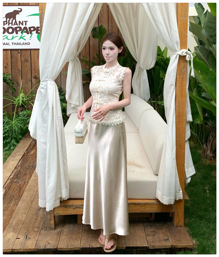 Summer 2026 Elegant Three-Piece Set: Lace Embroidered Top with Straps, High-End Satin Mermaid Skirt.