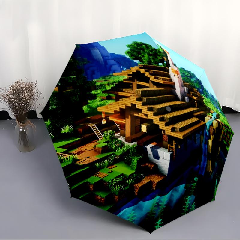 Minecraft5 Print Automatic Umbrella, 8 Rib Iron Frame, Plastic Handle, Suitable for Outdoor Travel &Daily , Ideal Gift