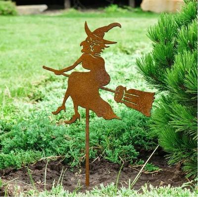 Bestselling Rustic Metal Flying Witch Statue with Broom – Retro Iron Garden Stake Ornament