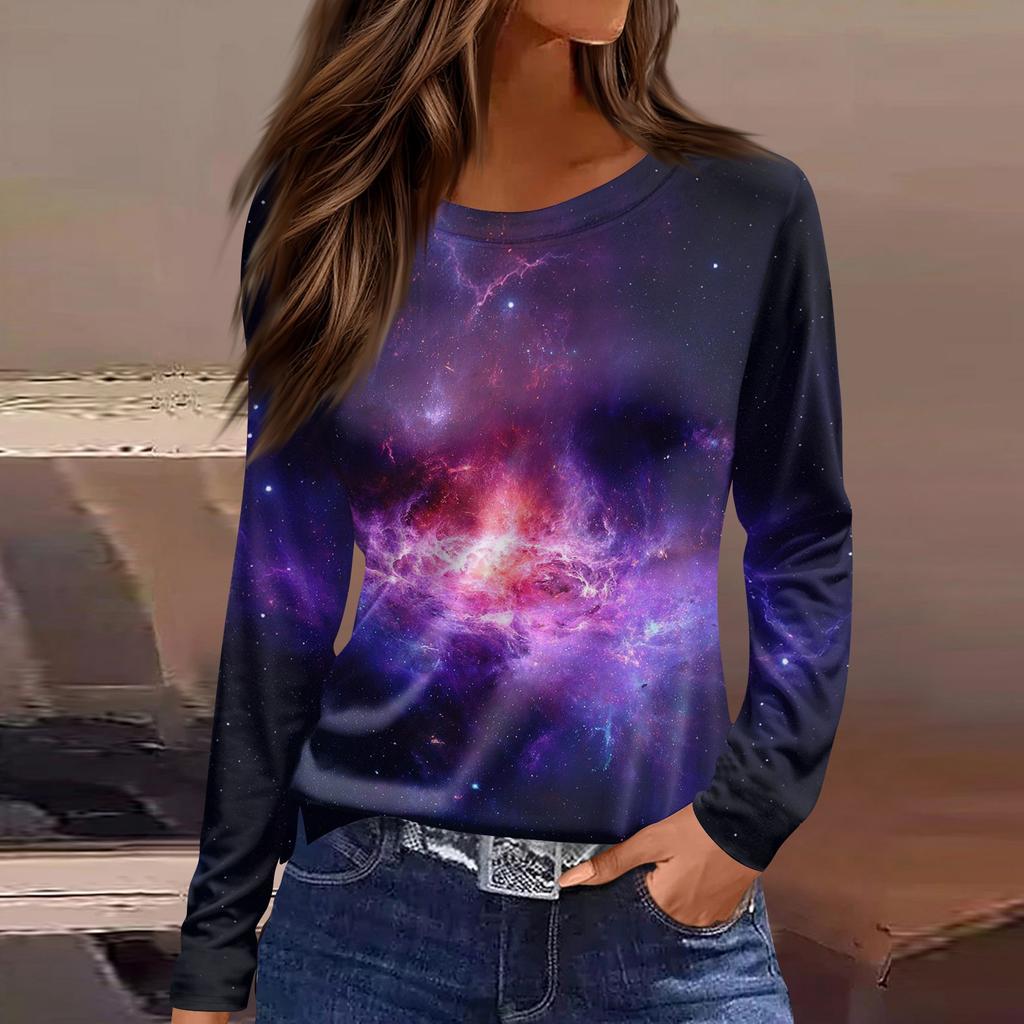 Women's Fashion Casual Slit Hem Round Neck Long Sleeve Loose Printed T,Shirt Ladies Top